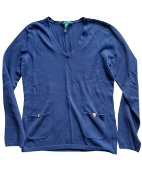 Lauren Ralph Lauren Size Medium Deep Blue V-Neck Sweater with Pocket Buttons